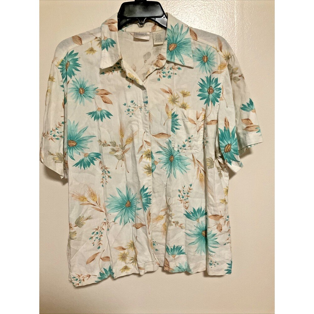 Erika Women’s L Linen Blend Floral Blue Beige Button Short Sleeve Shirt